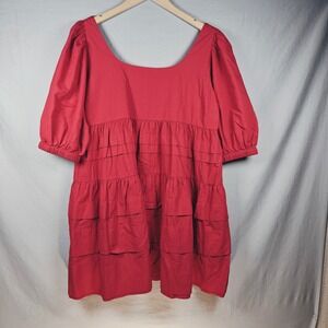 Red Cotton Puff Sleeve Babydoll Pintuck Tiered Mini Dress made by E.L.F. XL